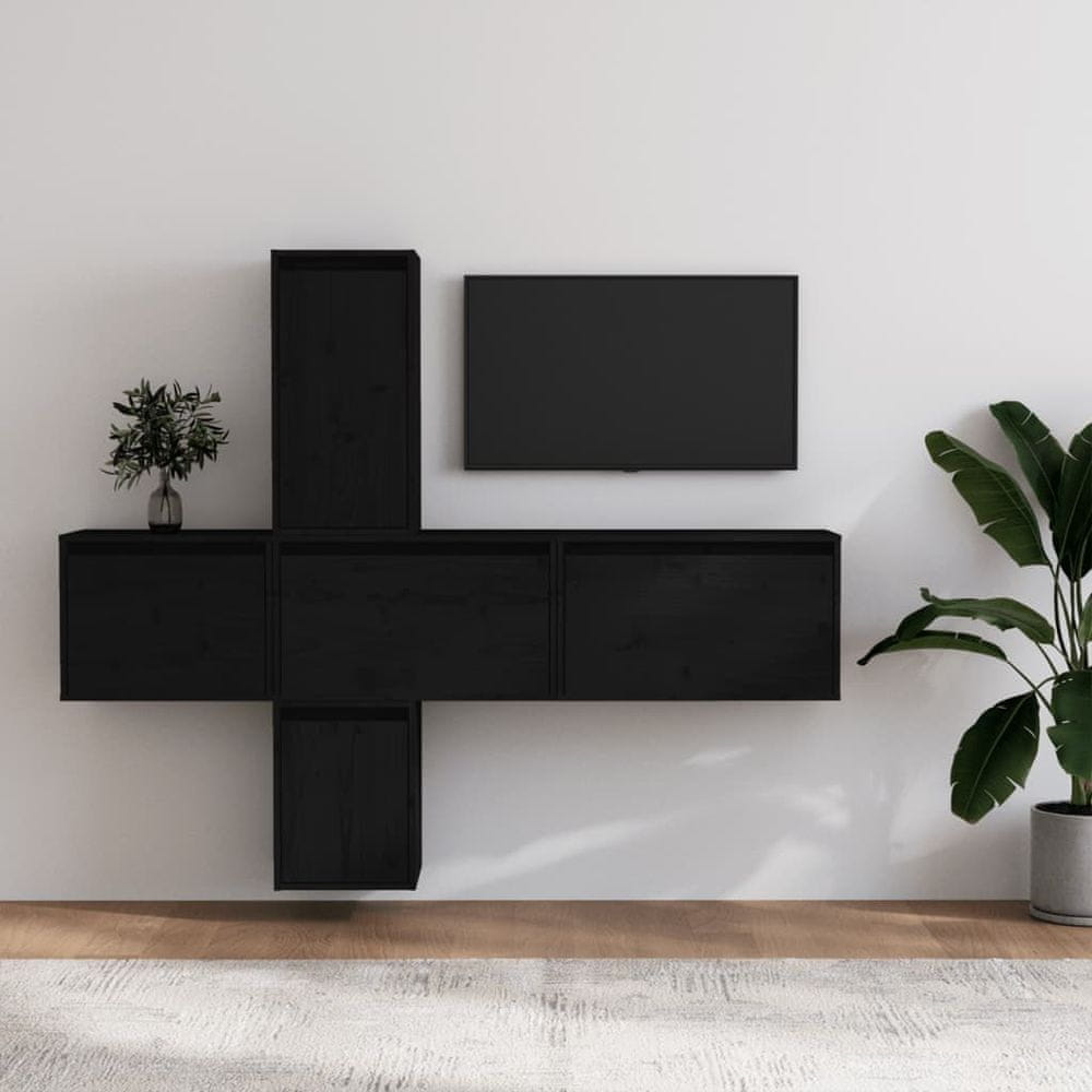 Vidaxl TV skrinky, 5 ks, čierne, masívne borovicové drevo